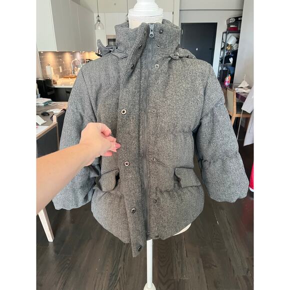 Gap Gray 100% Wool Down Puffer Zip Hood Jacket Coat flawed damaged repair XSmall - Picture 6 of 14